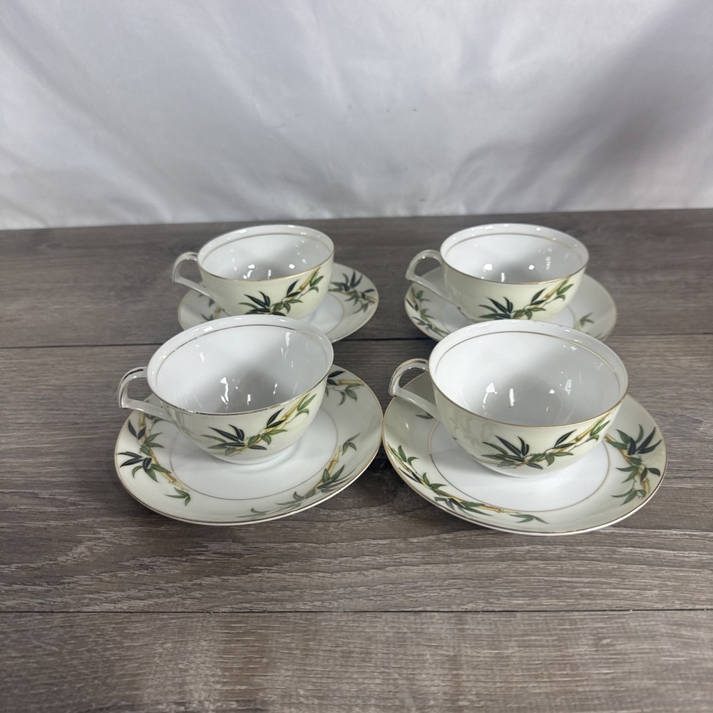 Lot of 4: Kent China Bali Hai Tea Cups & Saucers. Bamboo & Green